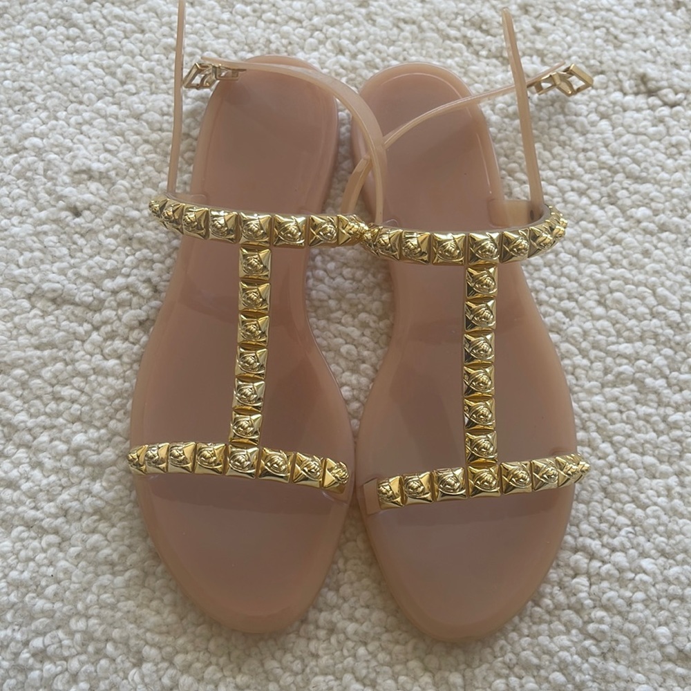 Stuart Weitzman Jelrose Thong Gold Embellished Jelly Sandals See Description